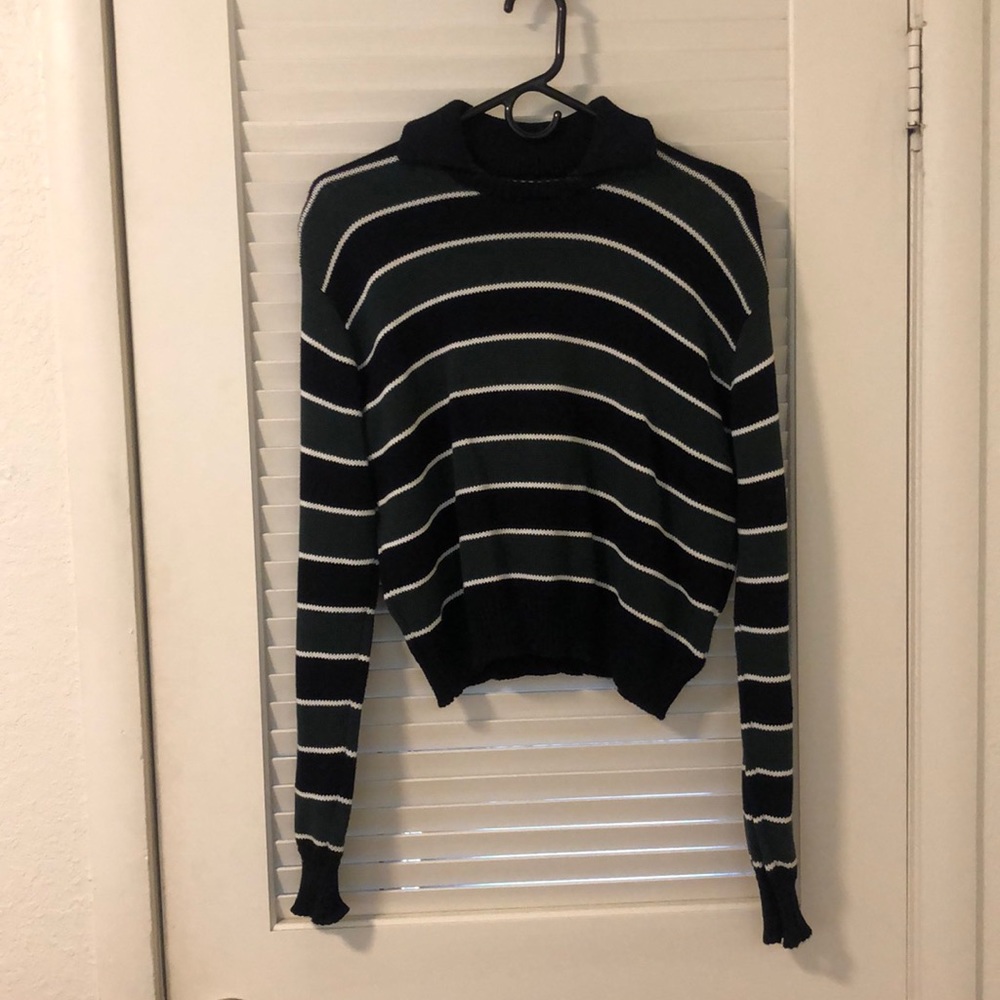 Brandy Melville Green and Blue Striped Collared Sweater